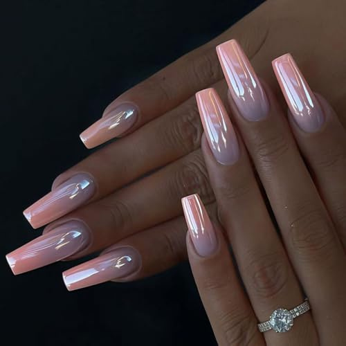 Pink Electroplated Press on Nails Long Coffin Fake Nails Metallic False Nail Design Full Cover Pink Gradient Chrome Glossy Acrylic Nails for Women and Girls DIY Manicure Decoration 24Pcs