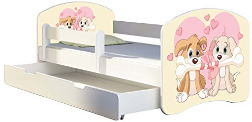 ACMA Kinderbett 160x80 Jugendbett mit Einer Schublade und Matratze, Rausfallschutz, Lattenrost Weiß, stabil, Kinderzimmer Bett, Jugendmöbel Design 12 Welpen
