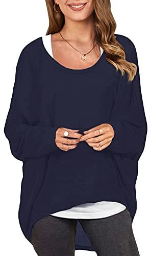 ZANZEA Sexy Women Loose Solid Irregular Long Sleeve Baggy Jumper Casual Tops Blouse T-Shirt Navy L