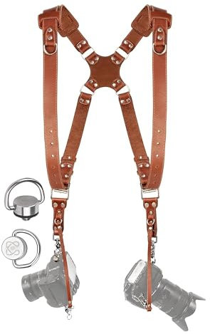 C Coiro Kameragurt für 2 Kameras mit doppeltem Tragegurt aus Leder und verstellbarem Schultergurt - Ledergurt für DSLR/SLR - Camera Dual Shoulder Strap - Padded/Tan