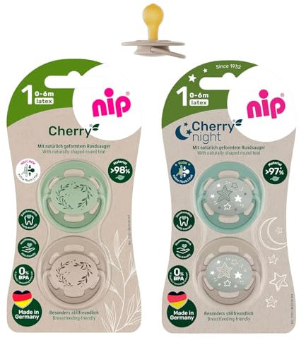 NIP Cherry Rundsauger Schnuller Day & Night Set 4 Stk.// Gr.1 0-6 Monate // Hellgrün & Türkis + Blau & Türkis, leuchtet im Dunkeln