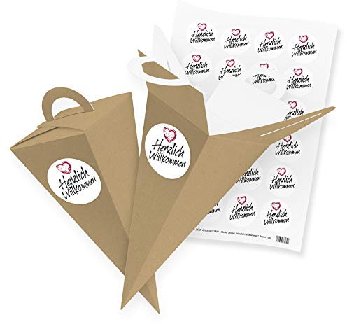 itenga 24x Geschenktüte Gastgeschenk Schultüte Braun 21 cm mit Stickerbogen Aufkleber Herzlich Willkommen Herz