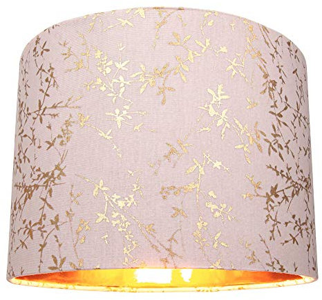 Happy Homewares Modern Soft Pink Cotton Fabric 10 Lamp Shade with Gold Foil Floral Decoration Suitable for Table or Ceiling Usage | 25cm Diameter | 60w Maximum
