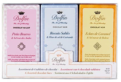 Dolfin Chocolat Tablette Sucré-Salé - 6 Pièces Chocolat Lait & Noir - Pistaches, Caramel, Sablés, Petit Beurre, Amandes, Flocons Cacao, Sel rose du Pendjab - 180g