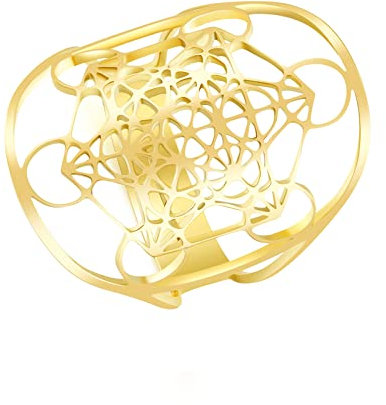 RWQIAN Damen Erzengel Gold Ring Metatron Muster Edelstahl Heilige Erzengel Ring Hohlring Blume des Lebens Einstellbare Schmuck Geschenk