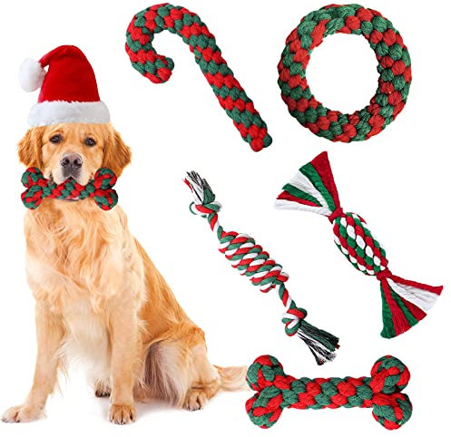 BINXWA 5 Stück Hundespielzeug Weihnachten, Kauen Naturbaumwolle Seil Zuckerstange für Kleine und Mittlere Hund Geschenk