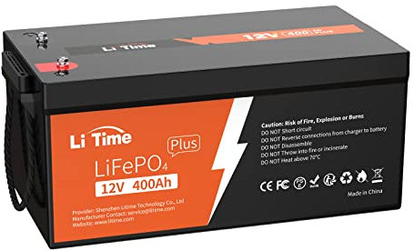 LiTime Batterie Lithium 12V 400Ah, LiFePO4 avec 250A Protection BMS et 4000-15000 Cycles Profonds, Maximale 3200W, sans Entretien Parfait pour Camping-Car, Système Solaire, Bateaux