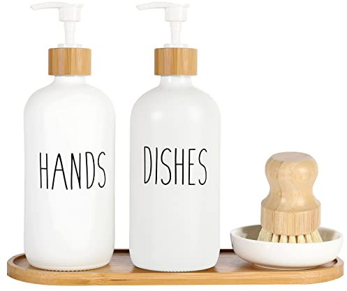 Lot de 5 distributeurs de savon de cuisine, distributeur de savon à main et à vaisselle avec brosses à récurer en bambou et plateau, distributeur de savon en verre