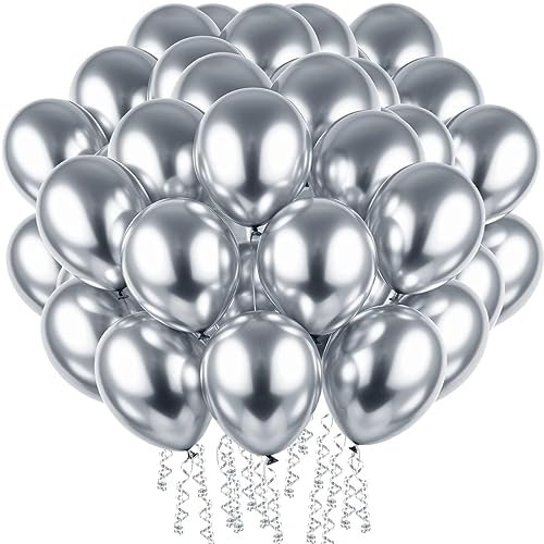 PuretéavHom 60 Stück Luftballons Silber Helium Ballons mit 3 Rollen farbiger Bänder 12 Zoll Luftballon Latexballons Metallic Luftballons für Geburtstagsdeko Hochzeit Taufe Deko Partydeko