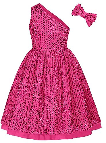 GRACE KARIN Robe Charmante Enfant Paillettes Épaule Unique Col Oblique Évasée Rose Rouge 5-6 Ans