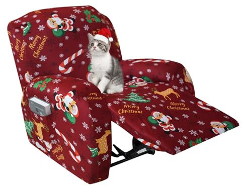 Jaotto Stretchhusse für Relaxsessel Weihnachtstag 4-Teilig Weihnachten Sesselbezug Sesselschoner für Liege Sessel mit Taschen Stretch Recliner Cover für Festliche Tage,Schneeflocken