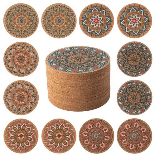 STARUBY 12 Pcs Cork Coasters, Coasters for Drinks, for Coffee Table, for Drinks Absorbent Kitchen Dining Room Decoration 10cm Round Flower1
