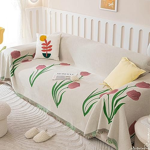 Homxi 2 Sitzer Sofa Überzug,180x230CM,Couchbezug Universal Blumenmuster mit Quasten Bezug Sofa Chenille Handtuch Sofa Rosa Bezug Sofa
