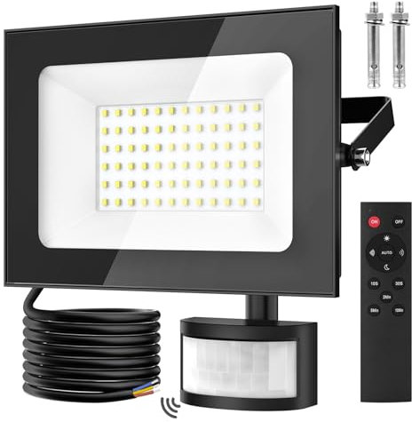 papasbox 50W LED Strahler mit Bewegungsmelder Außen Lichtsensor | Außenstrahler Scheinwerfer Aussen mit Fernbedienung | 6500K Kaltweiß IP66 Wasserdicht Fluter für Garten Garage Sportplatz