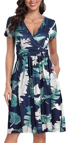 PCEAIIH Women's Summer V-Neck Midi Dress Short Sleeve Casual Floral Sundress with Pockets XXL Green Leaf