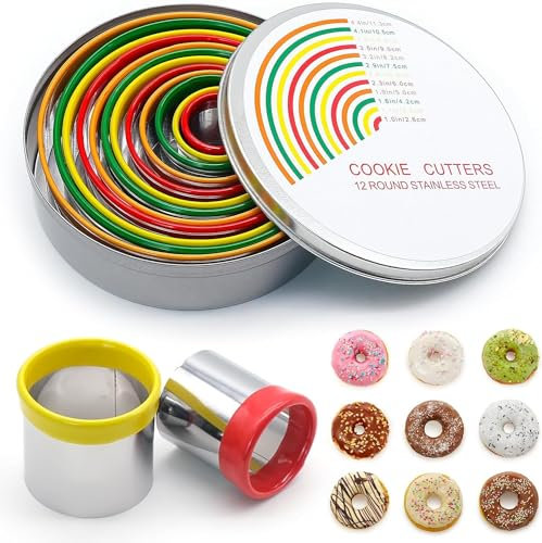 Huemtnor 12 Piezas Cortadores de Galletas Redondo, Cortador de Galletas de Acero Inoxidable con Agujero Moldes Rosquillas Utensilios de Pastelería de Bricolaje para Pasteles, Galletas y Donas