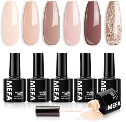 MEFA Gel Nail Polish Set - 6 Colors Nude Glitter Gold, Brown, DIY Salon Home UV Gel Polish for Women