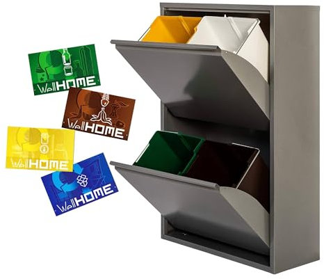 WELL HOME - Cubo de basura y reciclaje Metálico de 4 compartimentos + 4 etiquetas magnéticas, 4x17L (68L) Gris brillo