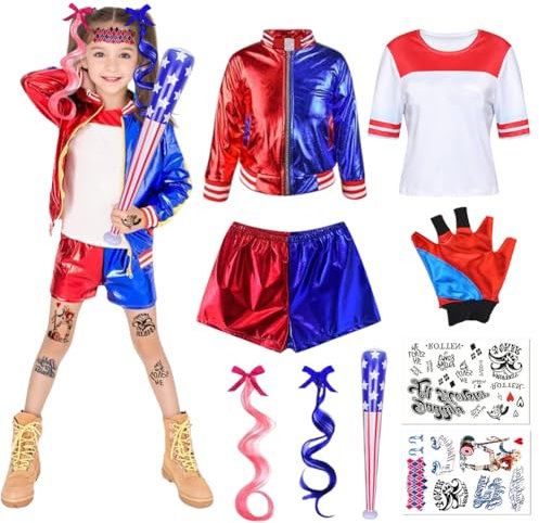 Senchinner Quinn Kostüme Kinder,Quinn Kostüm Cosplay Costume Set mit Baseballschläger Aufblasbar,Temporäre Tattoos,Handschuhe,Jacke,T-Shirt,Shorts,Perückenfür Karneval Cosplay(Kinder, 140)