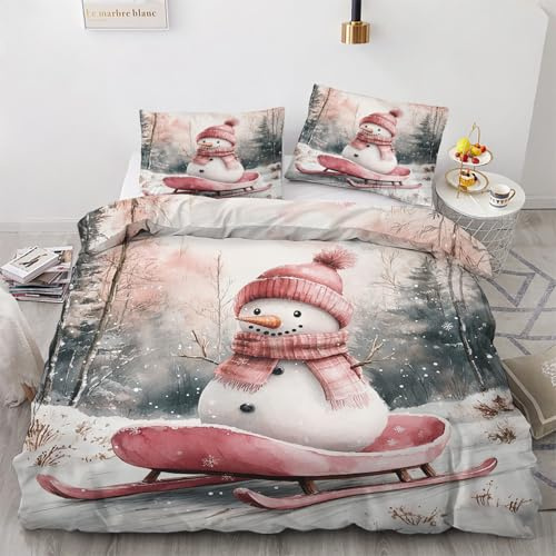 Generisch Bettwäsche 135x200 Weihnachten Motiv - Schneemann Bettbezug und 1 Kissenbezug 80x80, Weiche Bügelfreie Mikrofaser Deckenbezug 2er Set mit Reißverschluss, Wendebettwäsche & Deko M&-6253