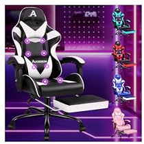 ALFORDSON Gaming Stuhl Massage Sessel, ergonomisch Bürostuhl PC-Stuhl,Weiß | Schreibtischstuhl Drehstuhl, Neigungswinkel 150°, höhenverstellbarer Computerstuhl,180 kg bis,Einziehbare Fußstütze, PU