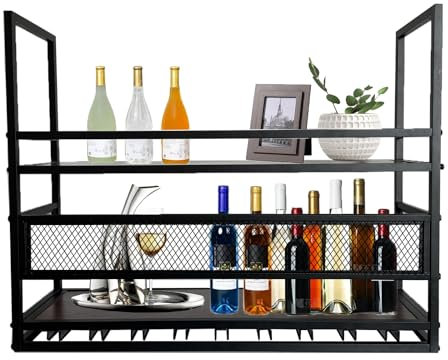amhricho Deckenregal Weinregal, 2-Lagiger Industrieller Hängender Weinflaschenhalter mit Glashalter, Metall-Deckenregal für Bar Café Küche (BLACK, 100 * 30 * 50+40CM)