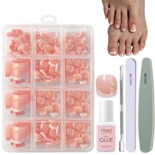 DMQ French Press on Nails for Toe, 240Pcs Square False Toenails Short, Nude Color French Tip Fake Toe Nails, Full Cover Stick on Toenails with Nail Glue for Women Girls Nail Art Manicure Decorations