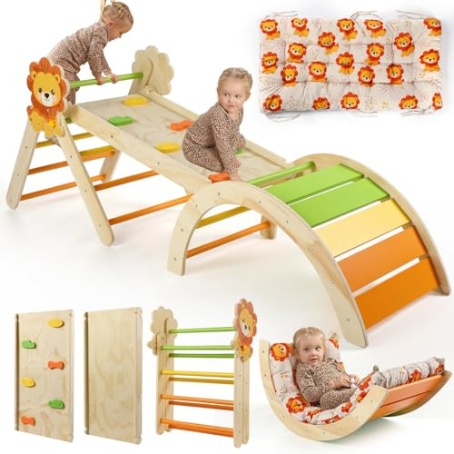 khlerox Climbing Frame with Soft Cushion, 7 in 1 Foldable Indoor Climbing Frame, Montessori Baby Toddler Climbing Toys Indoor, Climber Indoor Set with Arch, Ramp, Ladder (Lion)