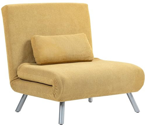 HOMCOM Sofá Cama de 1 Plazas 3 en 1 Sillón Cama Plegable Tapizado en Pata de Gallo con Respaldo Ajustable de 5 Niveles y Almohada Acolchada para Oficina Dormitorio Salón 80x75x83 cm Amarillo