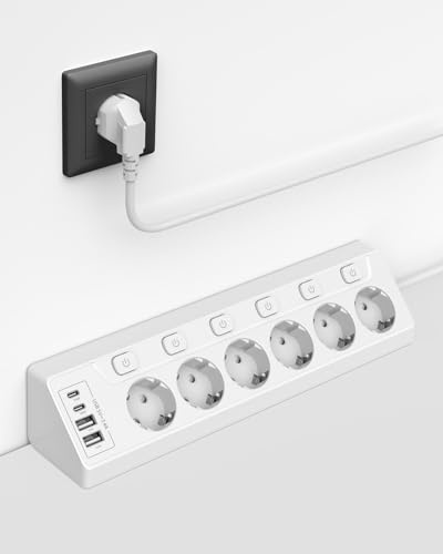 Ecksteckdosen-Steckdosenleiste, einzeln schaltbar, 6 Fach mit 4 USB (2X USB-C + 2X USB-A), Überspannungsschutz, Berührungsschutz, 2m Kabel, 3680W für Küche, Büro und Haushalt