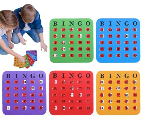 Tarjetas de juego de bingo: paquete de 5 tarjetas de bingo con ventana deslizante, juego de lotería de pensamiento lógico | Juego de cartas interactivo Actividad de mesa divertida educativa para niños