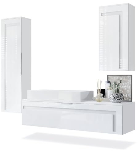 Vladon Set di mobili per Il Bagno Mobile Contenitore Aloha, Struttura in Bianco Opaco/Frontali in Bianco Lucido e sfalsati in Bianco Lucido, con lavabo da appoggio