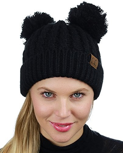 C.C Beanie-Mütze mit 2 Ohren, Zopfmuster, weich, dehnbar, Skully, schwarz, Einheitsgröße
