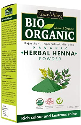 INDUS VALLEY Bio Organic Herbal Henna Powder (100g), 100% Pure Henna Hair Colour, 100% Natural Hair Dye Chemical-Free, Nourishing, Conditions & Strengthens Hair, Adds Shine