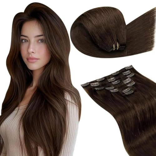 LaaVoo Clip in Extensions Echthaar Braun Hair Extensions Clip in Dunkelbraun Doppelt Tressen 35cm 120g 7Stück #4
