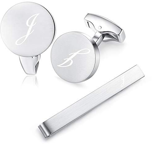 Honey Bear manschettenknöpfe & krawattennadel Set Initialen Buchstabe Herren Edelstahl Hochzeit Cufflinks Manschettenknopf Silber (J)