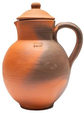 Village Decor Pichet à eau en argile fait à la main avec couvercle | Carafes Pichet Capacité 1,899 g 2000 ml.