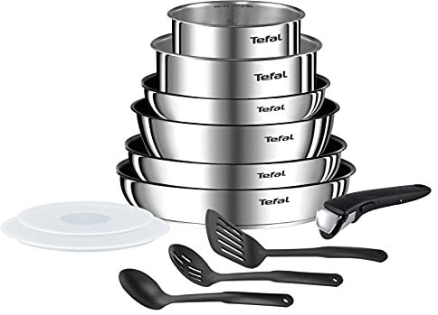 TEFAL INGENIO EMOTION Batterie de cuisine 12 pièces Induction Poêles 22/26/28cm + Casseroles 16/20cm (1,5L/3L) + Sauteuse 24 cm + 2 couvercles hermétiques + 1 poignée + 3 spatules L948SC04 Argent