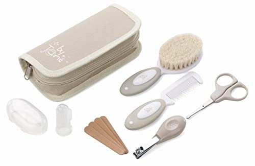 Jané Basic Trousse de toilette avec peigne, brosse en poils naturels, ciseaux, coupe-ongles, limes et brosse à dents en silicone