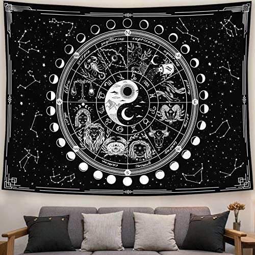Kanuyee Wandteppich mit zwölf Sternbildern in Schwarz und Weiß, Sonne und Mond, Yin und Yang, mystischer Wandbehang für Heimdekoration (88,9 x 119,4 cm)