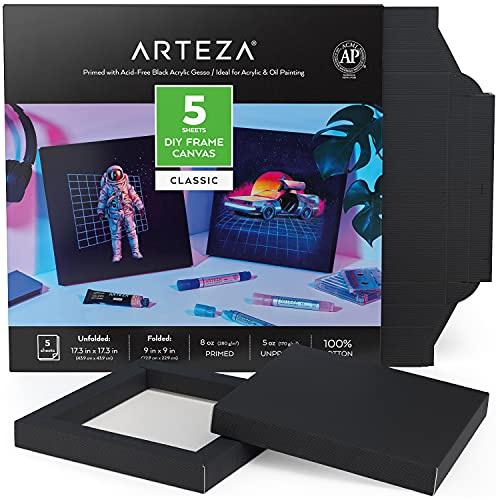 Arteza DIY Leinwand Rahmen, 5 Blatt, 22.9 x 22.9 cm – gefaltet, 100% Baumwolle, 280 g/m² schwarze Leinwand zum Bemalen, Malkarton für Acrylfarben, Ölmalerei und Zeichnungen