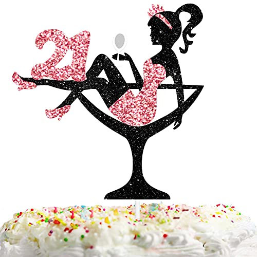 Lisimy 21 Pink Sitting Girl Cake Topper for 21st Birthday Spa Theme Party Decoration Supplies, 21 Silhouette High Heeled Girl Cake Decor Rose Gold Glitter