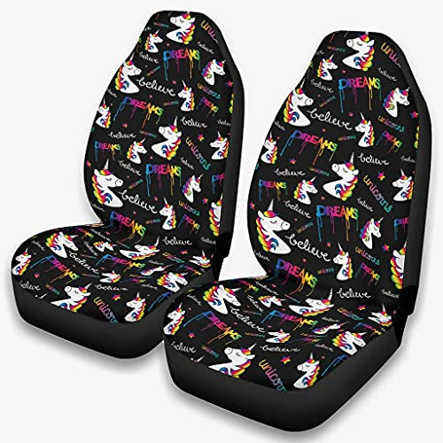 Cartoon Einhorn Schwarz Autositzbezüge Universal Fit Vordersitz Sitzbezüge Print Sitzbezüge Set Auto Schonbezüge Sitzbezug Auto-Zubehör Innenraum White OneSize