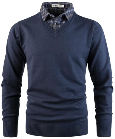 KTWOLEN Herren Pullover mit Hemdkragen 2 in 1 Winter Warm Strickpullover mit V-Ausschnitt Freizeit Mock Hemd Feinstrick Pullover Winterpullover Strick-Pulli Langarmshirt