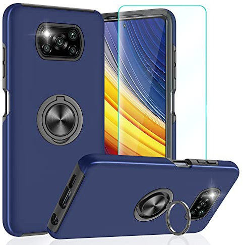 Eingebetteter Ständer für Xiaomi Poco X3 Pro Hülle, (Unzerstörbare Militärische Stoßfestigkeit) Kratzfeste Handyhülle Harte PC Matte Back und TPU Bumper Case Hülle für Poco X3 Pro/Poco X3 NFC Blau