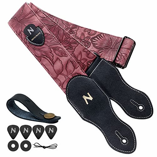 Nefelibata Gitarrengurt mit Plektrumtasche, 2,3-Zoll-Veganes Leder-Gitarrengurte im Porter-Stil, 60er-Jahre-Western-Vintage-Stil mit Plektren, Gurtknopf und Gurtschlössern