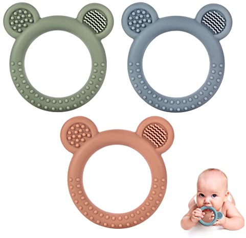 Eascrozn Baby Teething Toys Set of 3, Teethers for Babies 3-6 6-12 Months, BPA Free Soft and Textured Bear Teething Rings Silicone Teething Relief Soothing Sore Gums Baby Chew Toys