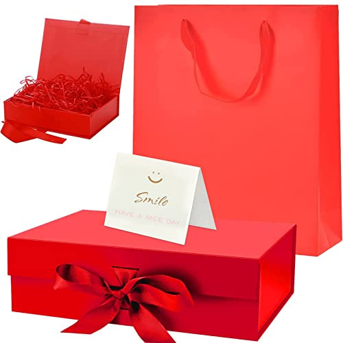 Faltbare Magnetische Geschenkbox mit Schleife - Wiederverwendbare Dekorative Box mit Deckel, Rot - Für Weihnachten und Valentinstag