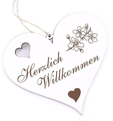 Herzlich Willkommen Schild - Zweig mit Kirschblüten - Deko Herz Holz Willkommensschild Türschild Dekoschild Türdeko