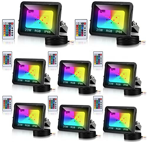 Tubiaz Foco LED Colores Exterior, 8pcs 20W RGB Proyector LED con Control Remoto, Impermeable IP66 16 colores y 4 modos Cambio de color Luz de seguridad, Función de Memoria(sin enchufe)